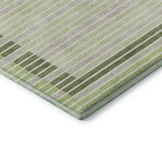 Artichoke Green Ivory And Gray Striped Washable Area Rug With UV Protection Photo 7