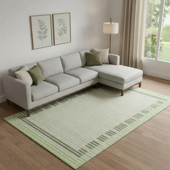 Artichoke Green Ivory And Gray Striped Washable Area Rug With UV Protection Photo 2