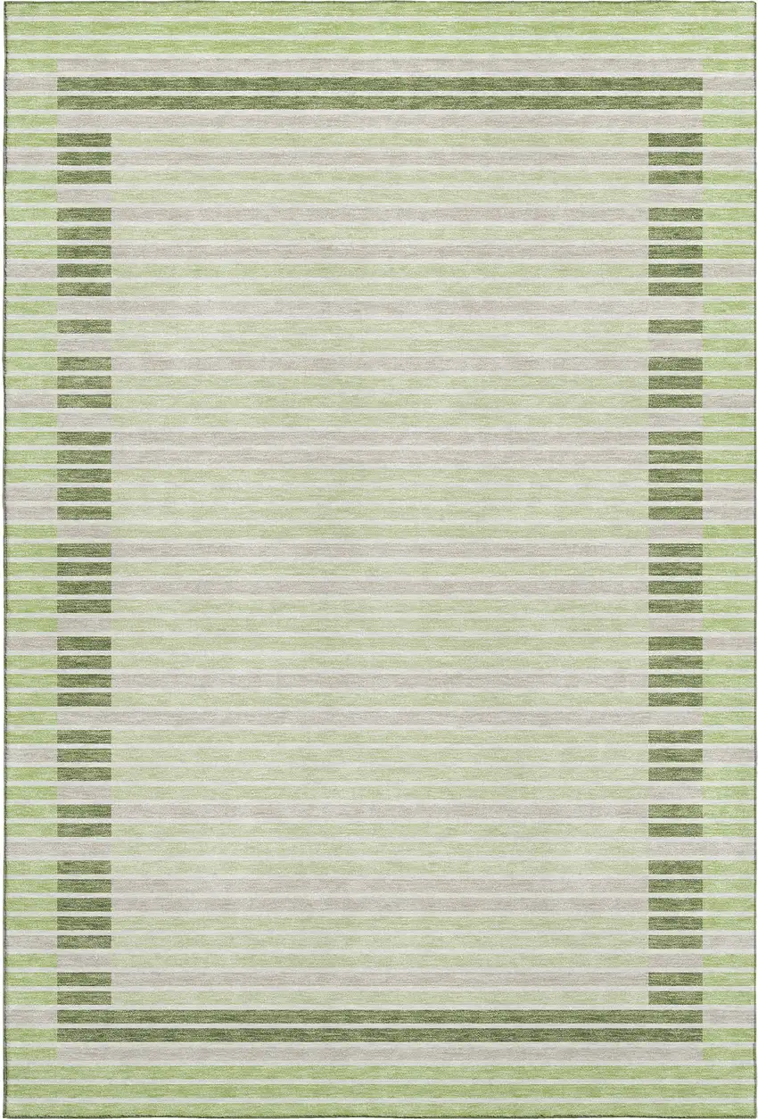 Artichoke Green Ivory And Gray Striped Washable Area Rug With UV Protection Photo 1