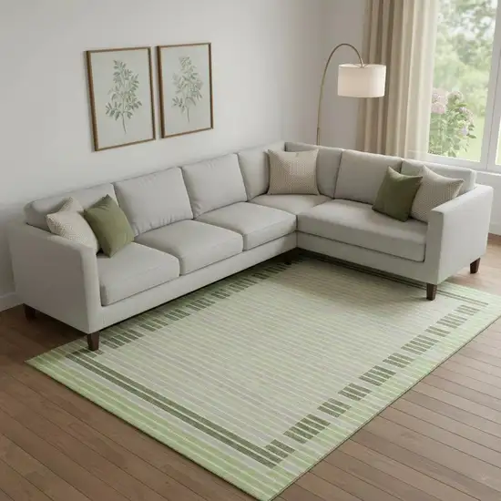 Artichoke Green Ivory And Gray Striped Washable Area Rug With UV Protection Photo 2