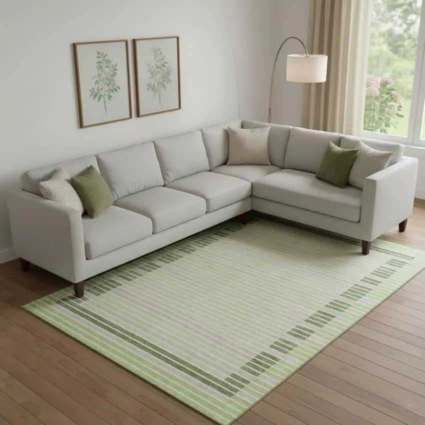 Artichoke Green Ivory And Gray Striped Washable Area Rug With UV Protection Photo 2