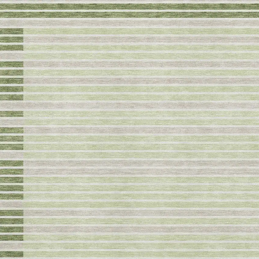 Artichoke Green Ivory And Gray Striped Washable Area Rug With UV Protection Photo 3