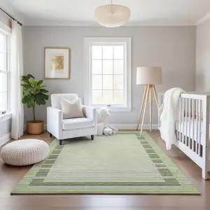Photo of Artichoke Green Ivory And Gray Striped Washable Area Rug With UV Protection