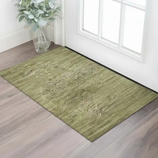 Artichoke Green Ivory And Gray Striped Washable Area Rug With UV Protection Photo 2