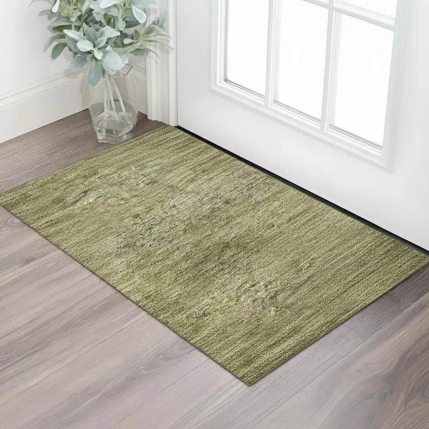 Artichoke Green Ivory And Gray Striped Washable Area Rug With UV Protection Photo 2