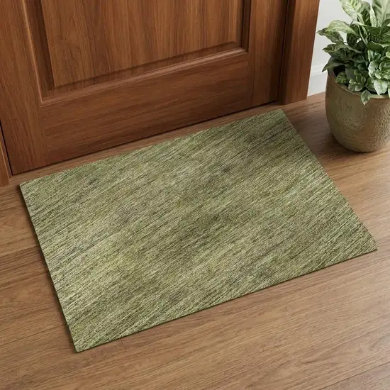 Artichoke Green Ivory And Gray Striped Washable Area Rug With UV Protection Photo 1