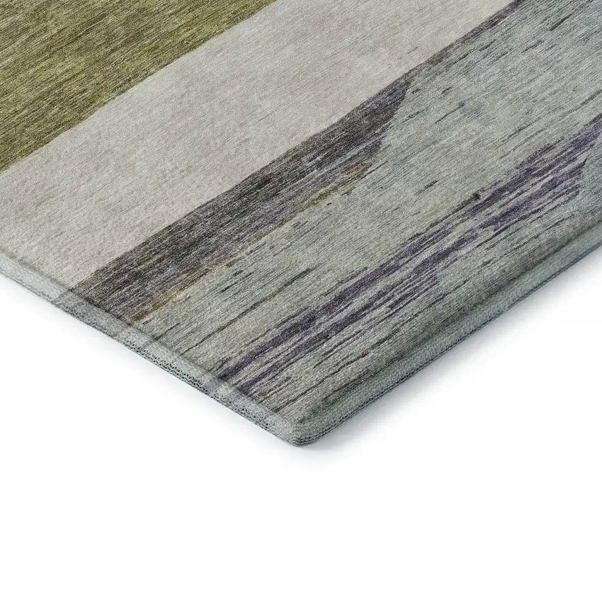 Artichoke Green Ivory And Gray Striped Washable Area Rug With UV Protection Photo 6