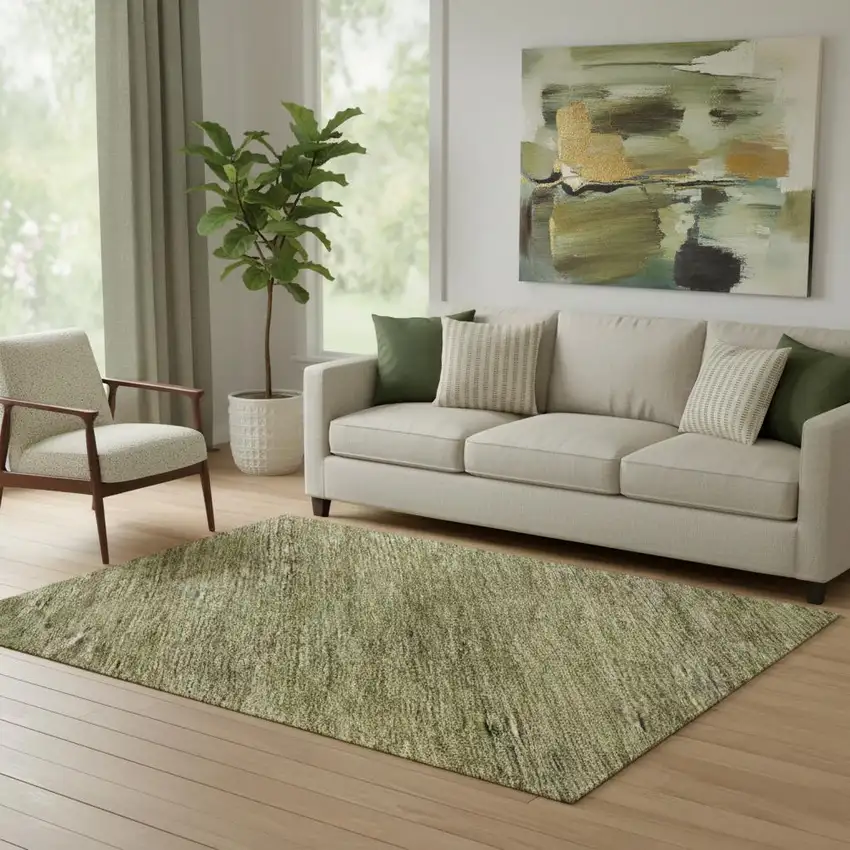 Artichoke Green Ivory And Gray Striped Washable Area Rug With UV Protection Photo 2