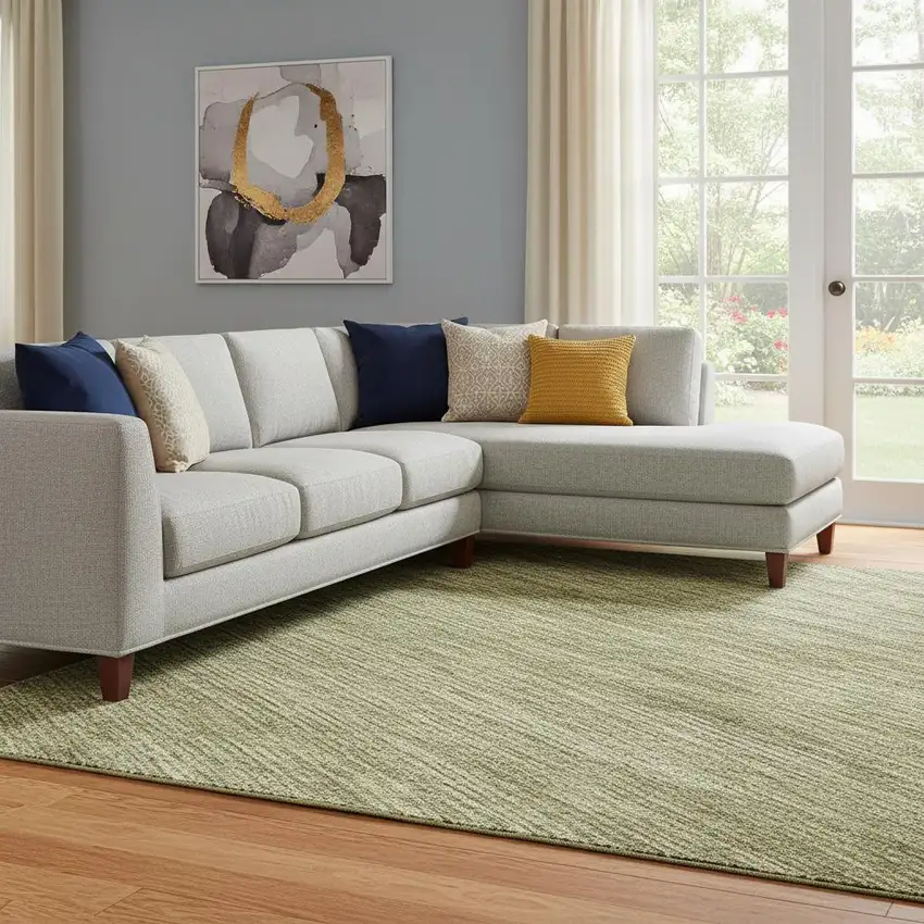 Artichoke Green Ivory And Gray Striped Washable Area Rug With UV Protection Photo 2