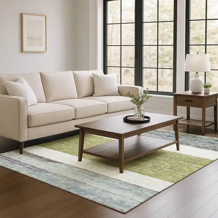 Artichoke Green Ivory And Gray Striped Washable Area Rug With UV Protection Photo 3