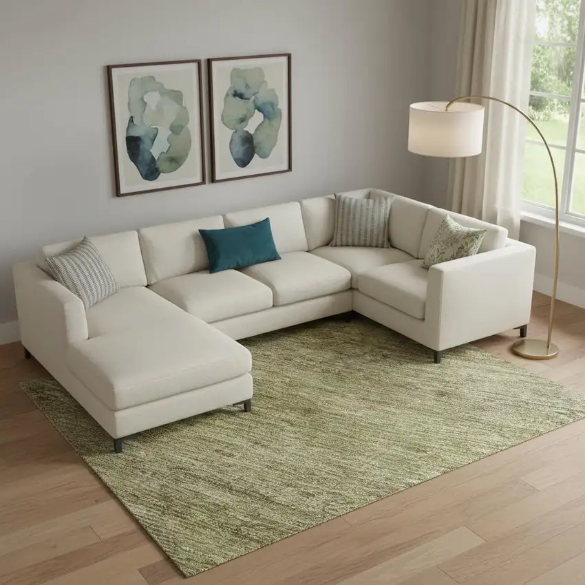 Artichoke Green Ivory And Gray Striped Washable Area Rug With UV Protection Photo 2