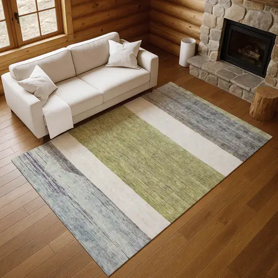 Artichoke Green Ivory And Gray Striped Washable Area Rug With UV Protection Photo 4