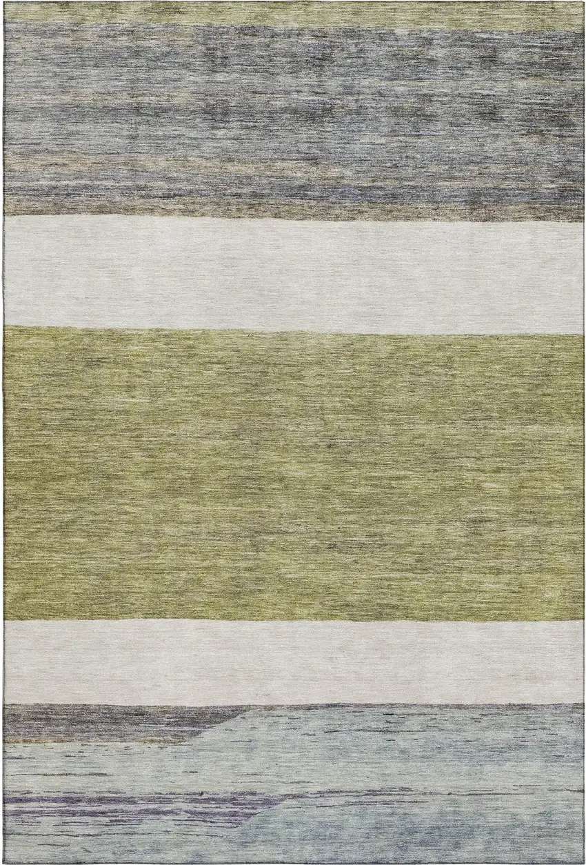 Artichoke Green Ivory And Gray Striped Washable Area Rug With UV Protection Photo 5