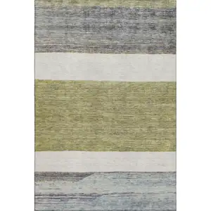 Photo of Artichoke Green Ivory And Gray Striped Washable Area Rug With UV Protection