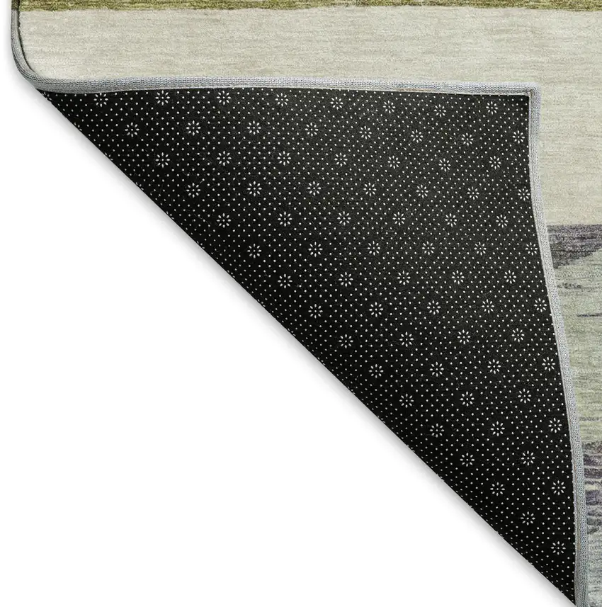 Artichoke Green Ivory And Gray Striped Washable Area Rug With UV Protection Photo 5