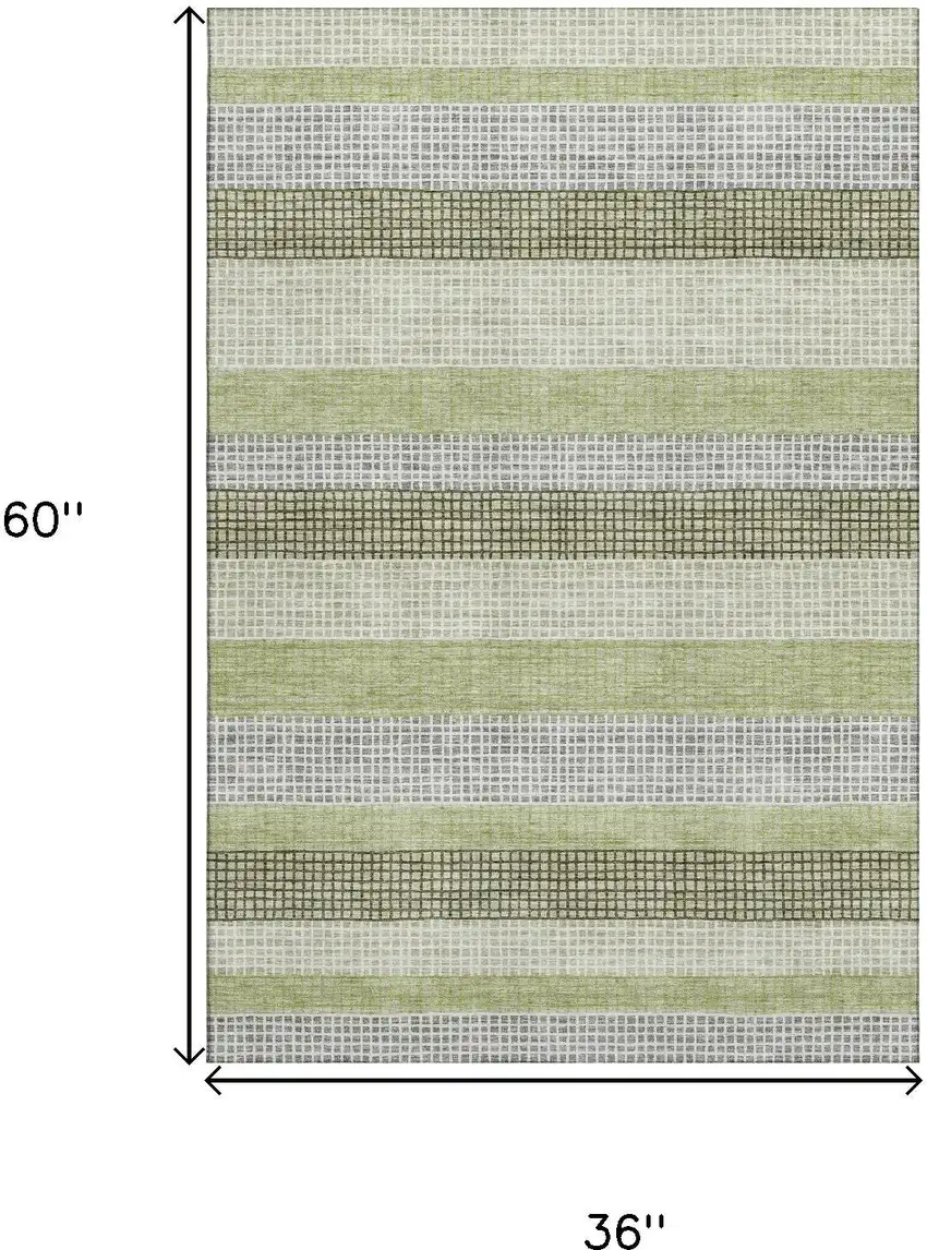 Artichoke Green Ivory And Gray Striped Washable Area Rug With UV Protection Photo 9