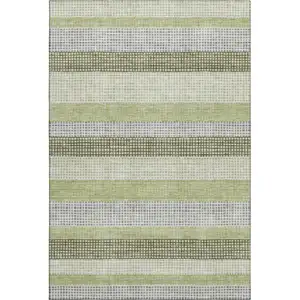 Photo of Artichoke Green Ivory And Gray Striped Washable Area Rug With UV Protection