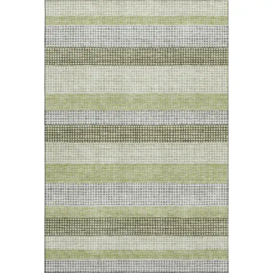 Artichoke Green Ivory And Gray Striped Washable Area Rug With UV Protection Photo 1