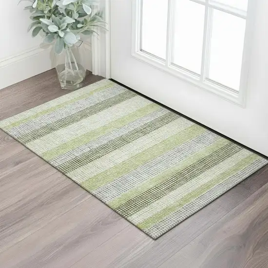 Artichoke Green Ivory And Gray Striped Washable Area Rug With UV Protection Photo 2