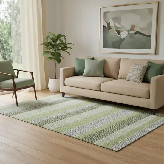Artichoke Green Ivory And Gray Striped Washable Area Rug With UV Protection Photo 2
