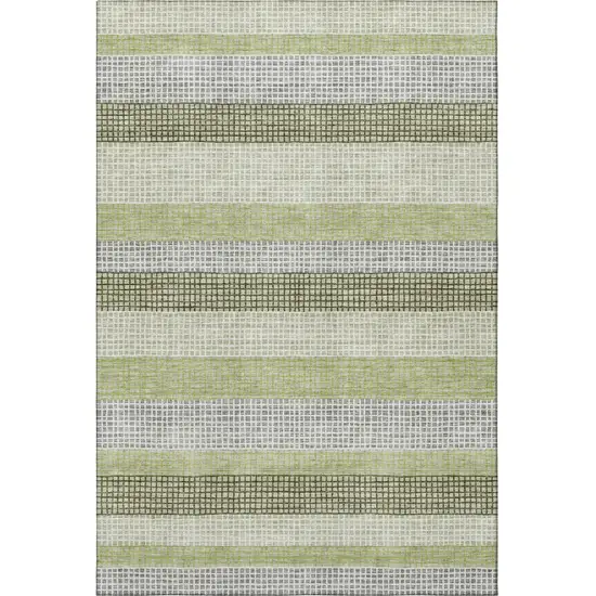 Artichoke Green Ivory And Gray Striped Washable Area Rug With UV Protection Photo 4