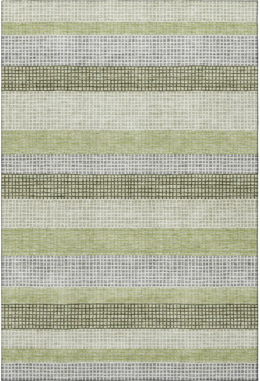 Artichoke Green Ivory And Gray Striped Washable Area Rug With UV Protection Photo 4