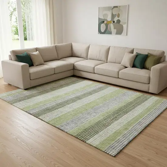 Artichoke Green Ivory And Gray Striped Washable Area Rug With UV Protection Photo 2