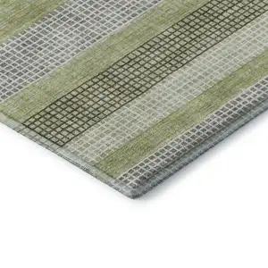Photo of Artichoke Green Ivory And Gray Striped Washable Area Rug With UV Protection