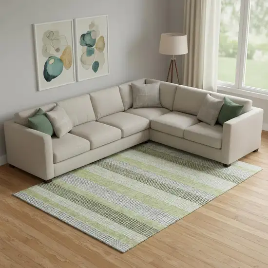 Artichoke Green Ivory And Gray Striped Washable Area Rug With UV Protection Photo 2