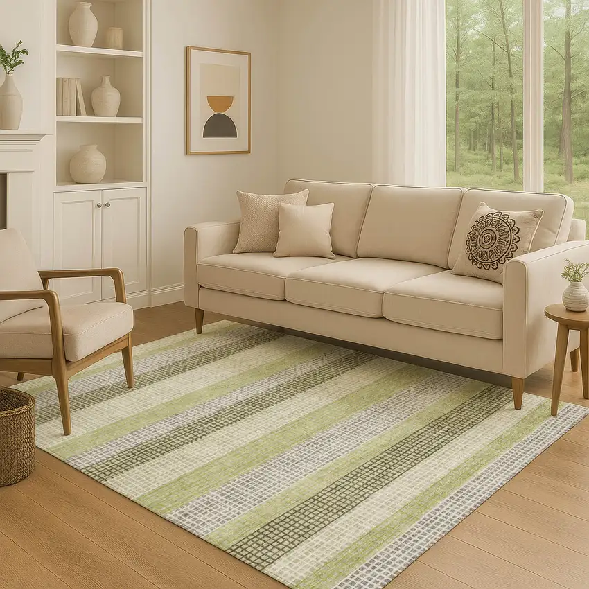 Artichoke Green Ivory And Gray Striped Washable Area Rug With UV Protection Photo 5
