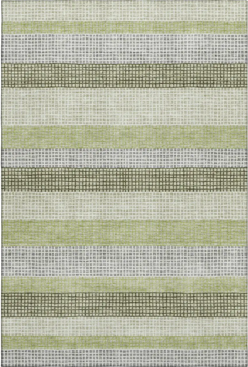 Artichoke Green Ivory And Gray Striped Washable Area Rug With UV Protection Photo 2