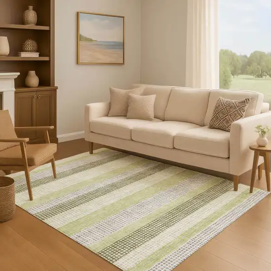 Artichoke Green Ivory And Gray Striped Washable Area Rug With UV Protection Photo 6