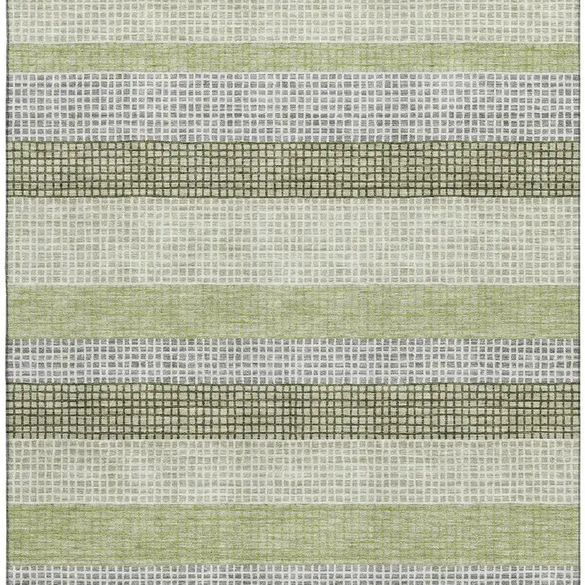 Artichoke Green Ivory And Gray Striped Washable Area Rug With UV Protection Photo 4