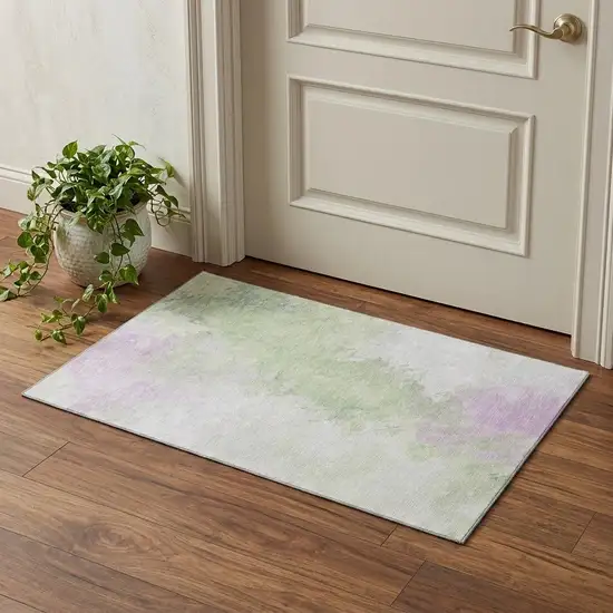 Artichoke Green Ivory And Lavender Abstract Washable Area Rug With UV Protection Photo 1