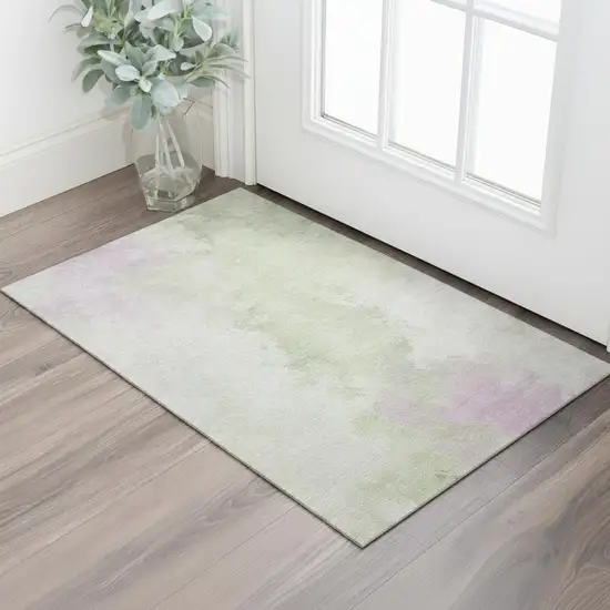 Artichoke Green Ivory And Lavender Abstract Washable Area Rug With UV Protection Photo 2