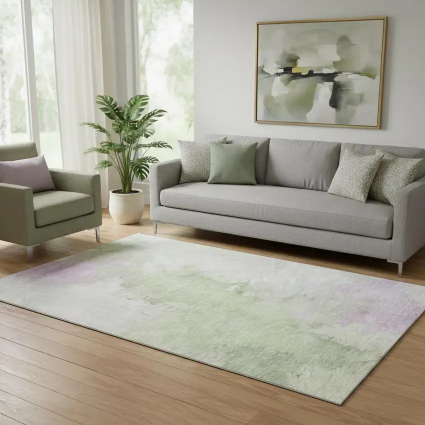 Artichoke Green Ivory And Lavender Abstract Washable Area Rug With UV Protection Photo 2