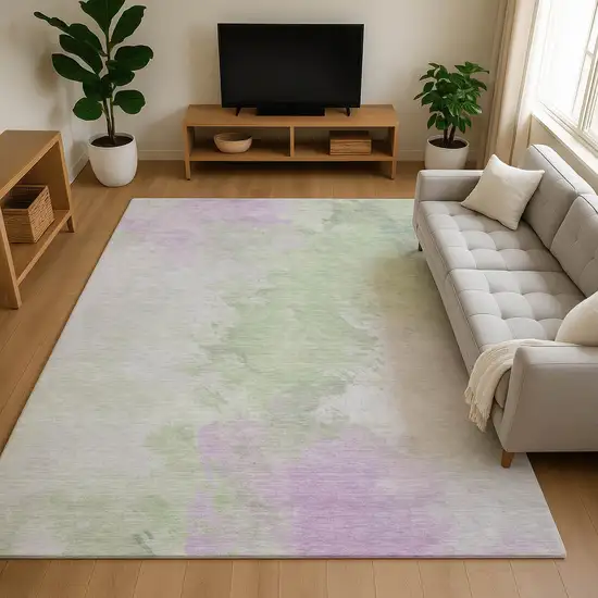 Artichoke Green Ivory And Lavender Abstract Washable Area Rug With UV Protection Photo 3