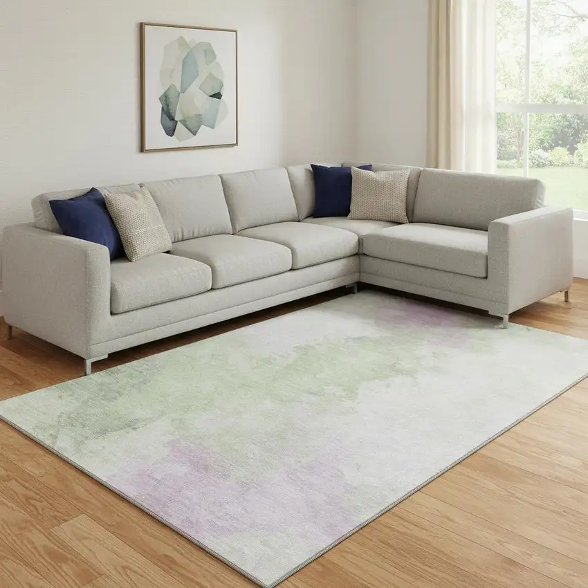 Artichoke Green Ivory And Lavender Abstract Washable Area Rug With UV Protection Photo 2