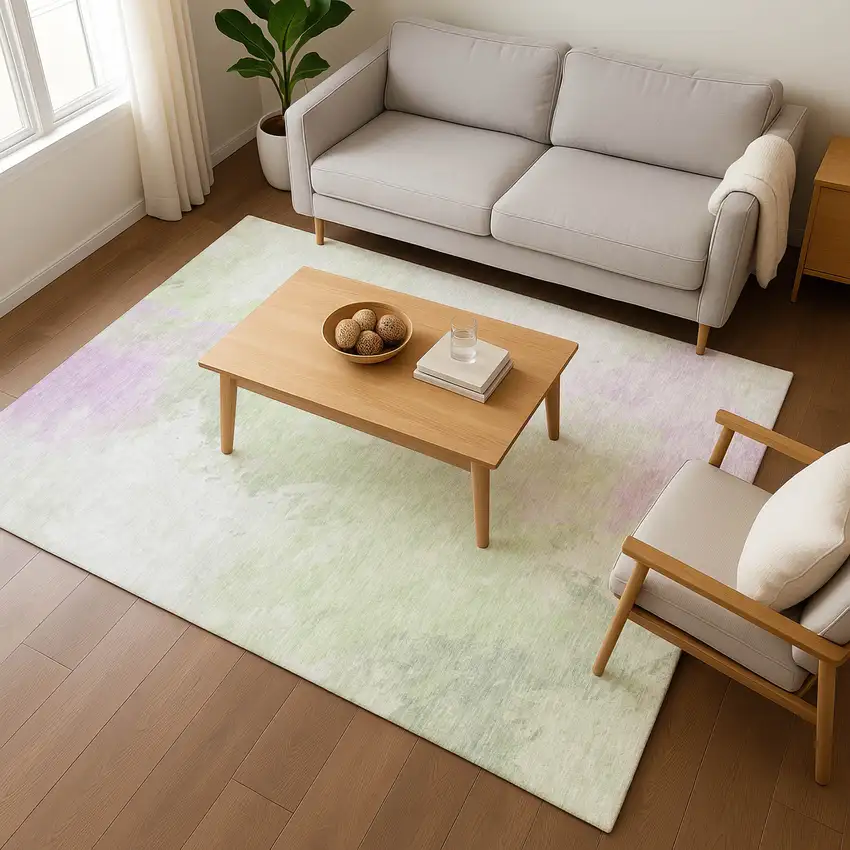 Artichoke Green Ivory And Lavender Abstract Washable Area Rug With UV Protection Photo 3