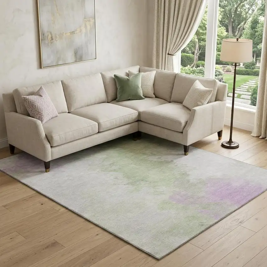 Artichoke Green Ivory And Lavender Abstract Washable Area Rug With UV Protection Photo 1