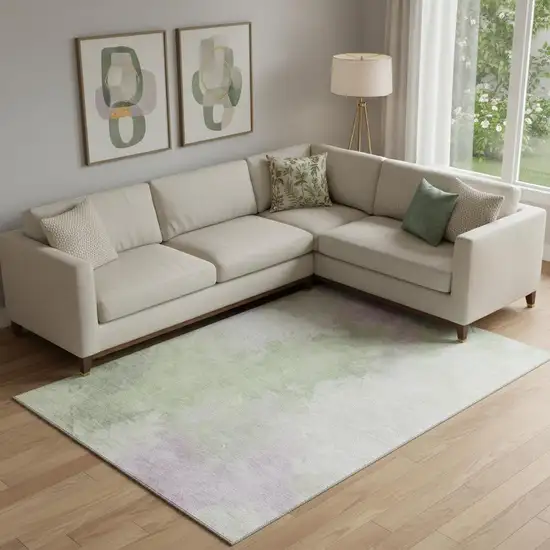 Artichoke Green Ivory And Lavender Abstract Washable Area Rug With UV Protection Photo 2