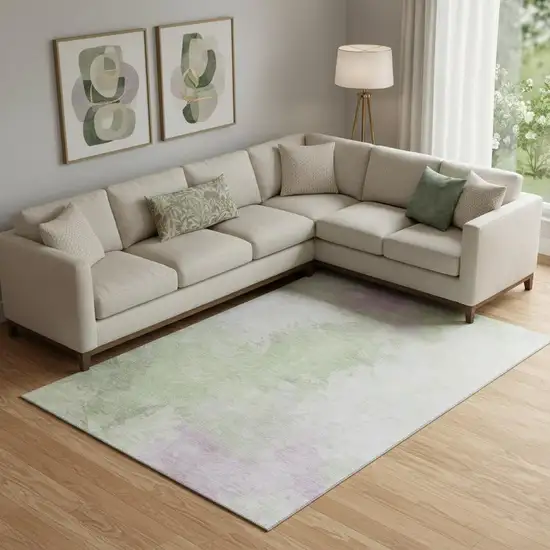 Artichoke Green Ivory And Lavender Abstract Washable Area Rug With UV Protection Photo 2