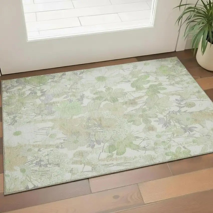 Artichoke Green Ivory And Lavender Floral Washable Area Rug With UV Protection Photo 2