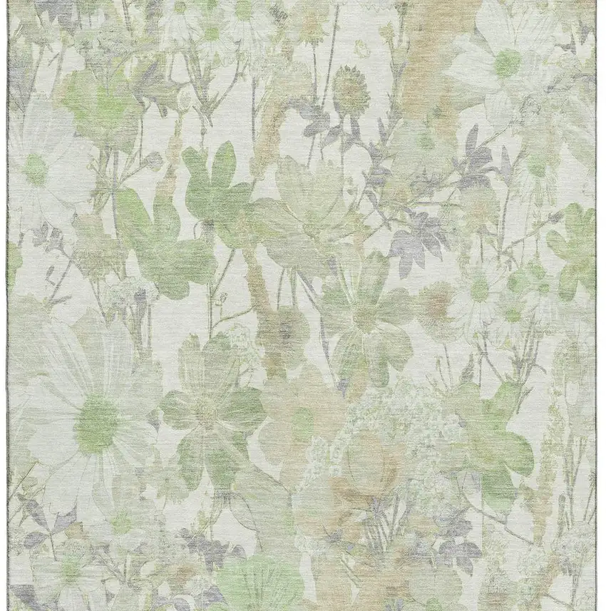 Artichoke Green Ivory And Lavender Floral Washable Area Rug With UV Protection Photo 3