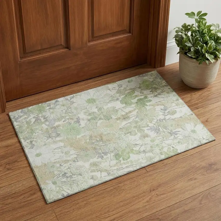 Artichoke Green Ivory And Lavender Floral Washable Area Rug With UV Protection Photo 1