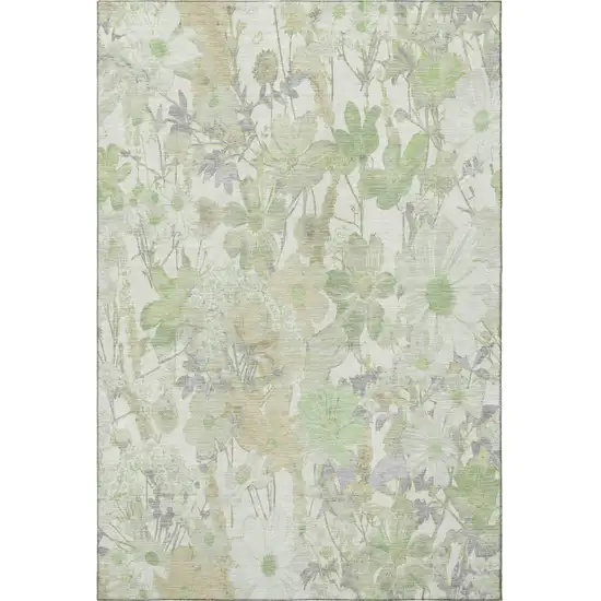 Artichoke Green Ivory And Lavender Floral Washable Area Rug With UV Protection Photo 3