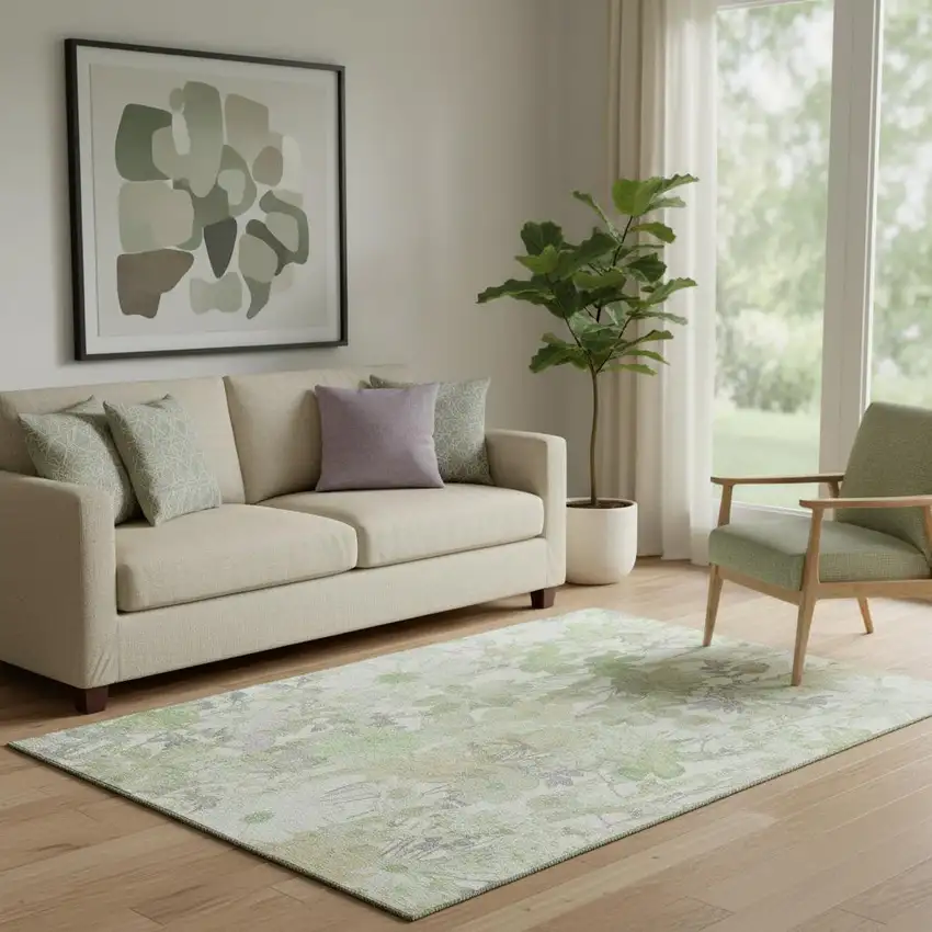 Artichoke Green Ivory And Lavender Floral Washable Area Rug With UV Protection Photo 2