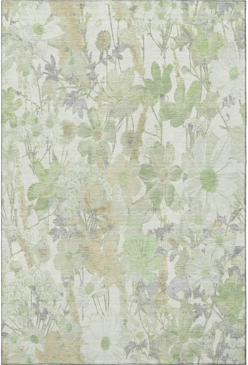 Artichoke Green Ivory And Lavender Floral Washable Area Rug With UV Protection Photo 2