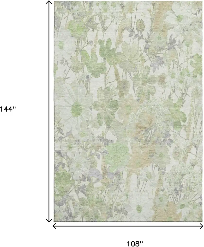 Artichoke Green Ivory And Lavender Floral Washable Area Rug With UV Protection Photo 9