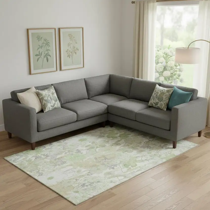 Artichoke Green Ivory And Lavender Floral Washable Area Rug With UV Protection Photo 2